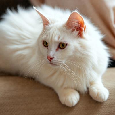 The primary subject of the image is a white cat sitting on a couch. The cat is looking at the camera, and its eyes are open. The setting is indoors, with the couch being the main surface visible in the image. The visual style appears to be a photo, capturing the cat's natural expression and posture. The colors in the image are predominantly white, giving the scene a calm and serene atmosphere.